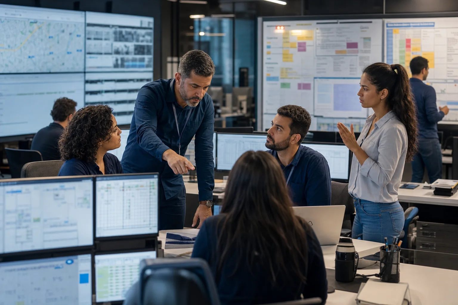 Equipe analisando carga de trabalho e riscos psicossociais relacionados à NR-1