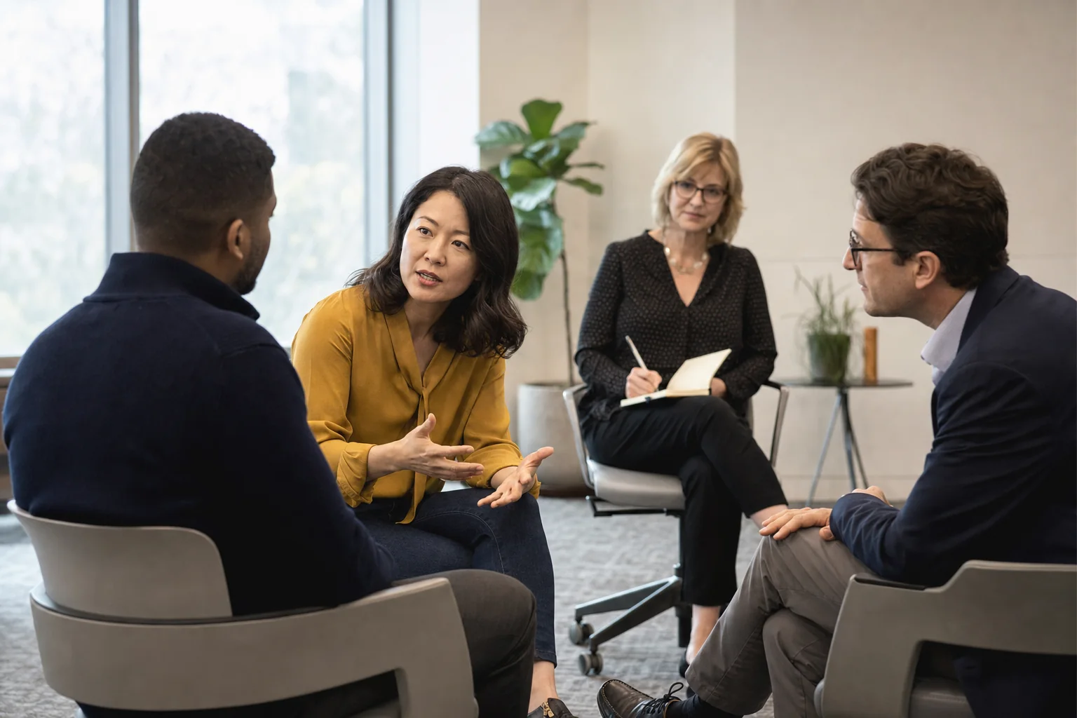 Líderes praticando feedback em treinamento de liderança empresarial